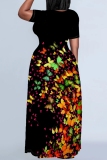 Reddish Brown Casual Graphics Print O Neck Short Sleeve Straignt T Shirt Maxi Dresses