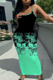 Black White Casual Floral Print Sleeveless Backless Spaghetti Strap Long Bodycon Maxi Slip Dress