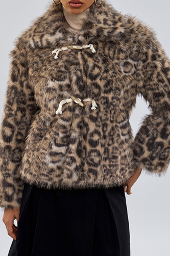Street Leopard Print Turndown Collar Long Sleeve Buttons Faux Fur Jackets