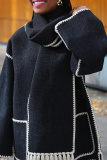 Black White Fringe Trim Long Sleeve Woolen Coat Contrast Stitching High Neck Winter Oversized Outerwear