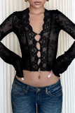 Black V Neck Long Sleeve See-Through Mesh Lace Cardigan Crop Tops