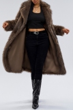 Brown Casual Turndown Collar Long Sleeve Cardigan Faux Fox Fur Long Coat