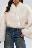 White Casual Long Sleeve Cardigan Faux Mink Fur Crop Jacket