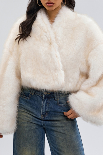 White Casual Long Sleeve Cardigan Faux Mink Fur Crop Jacket
