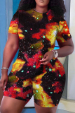 Rose Red Casual Floral Print O Neck Short Sleeve Oversize T Shirt And Shorts Set Sportwear Plus Size Two Piece Matching Set