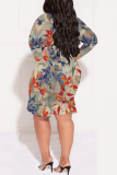 Multicolor Floral Print Long Sleeve V Neck Lace Up Ruffle Hem Vacation Plus Size Mini Dresses