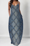 Dark Blue Faux Denim Print U Neck Backless Spaghetti Strap Floor Length Vacation Baggy Sundress Slip Maxi Dress