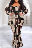 Multicolor Casual Geometric Flower Print O Neck Long Sleeve Mermaid Hem Long Plus Size Evening Party Bodycon Maxi Dress