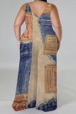 Blue Coffee Casual Boho Graphics Print V Neck Sleeveless Vacation Plus Size Wide Leg Cami Jumpsuits