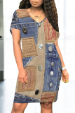 Dark Blue Casual Faux Denim Print Short Sleeve O Neck Wrapped Skirt Bodycon Midi T-shirt Dresses
