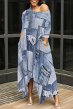 Dark Blue Casual Faux Denim Print O Neck Short Sleeve Irregular Hem Plus Size Maxi T-shirt Dresses