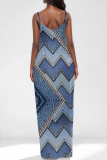 Dark Blue Faux Denim Print U Neck Backless Spaghetti Strap Floor Length Vacation Baggy Sundress Slip Maxi Dress