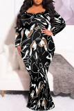Multicolor Casual Geometric Flower Print O Neck Long Sleeve Mermaid Hem Long Plus Size Evening Party Bodycon Maxi Dress