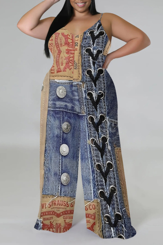 Blue Coffee Casual Boho Graphics Print V Neck Sleeveless Vacation Plus Size Wide Leg Cami Jumpsuits