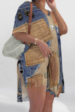 Dark Blue Faux Denim Print V Neck Short Sleeve Longline Slit Oversize T-shirt And Shorts Two Pieces Shorts Set