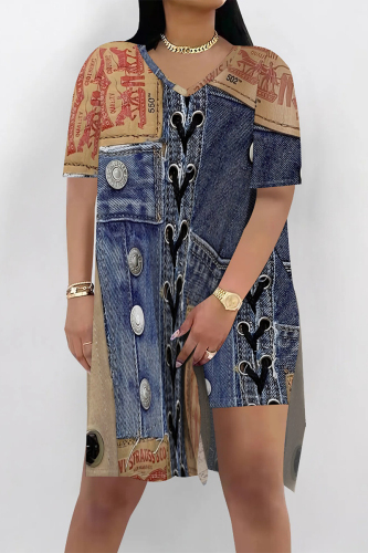 Dark Blue Faux Denim Print V Neck Short Sleeve Longline Slit Oversize T-shirt And Shorts Two Pieces Shorts Set