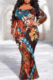 Multicolor Casual Geometric Flower Print O Neck Long Sleeve Mermaid Hem Long Plus Size Evening Party Bodycon Maxi Dress