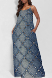 Dark Blue Faux Denim Print U Neck Backless Spaghetti Strap Floor Length Vacation Baggy Sundress Slip Maxi Dress
