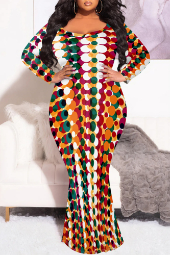 Orange Green Casual Geometric Polka Dot Print O Neck Long Sleeve Mermaid Hem Long Plus Size Evening Party Bodycon Maxi Dress