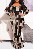 Multicolor Casual Geometric Flower Print O Neck Long Sleeve Mermaid Hem Long Plus Size Evening Party Bodycon Maxi Dress