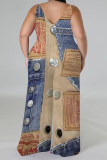 Blue Coffee Casual Boho Graphics Print V Neck Sleeveless Vacation Plus Size Wide Leg Cami Jumpsuits
