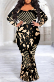 Orange Green Casual Geometric Polka Dot Print O Neck Long Sleeve Mermaid Hem Long Plus Size Evening Party Bodycon Maxi Dress