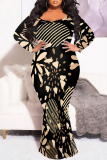 Orange Green Casual Geometric Polka Dot Print O Neck Long Sleeve Mermaid Hem Long Plus Size Evening Party Bodycon Maxi Dress