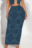 Medium Blue Casual Geometric Faux Denim Print Skinny High Waist Maxi Skirt
