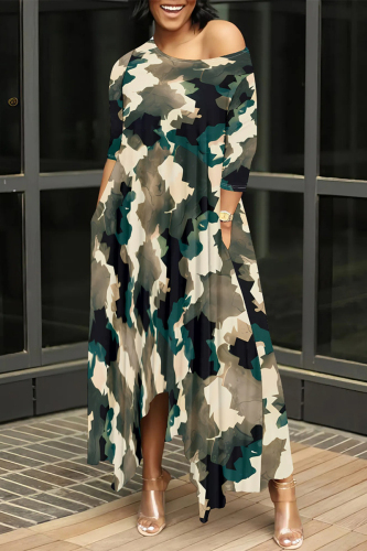 Army Green Casual Floral Print Gradient O Neck 3/4 Sleeve Pocket Irregular Hem Maxi Dresses