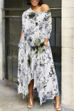 Army Green Casual Floral Print Gradient O Neck 3/4 Sleeve Pocket Irregular Hem Maxi Dresses