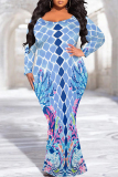 Orange Green Casual Geometric Polka Dot Print O Neck Long Sleeve Mermaid Hem Long Plus Size Evening Party Bodycon Maxi Dress