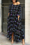 Army Green Casual Floral Print Gradient O Neck 3/4 Sleeve Pocket Irregular Hem Maxi Dresses