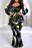Orange Green Casual Geometric Polka Dot Print O Neck Long Sleeve Mermaid Hem Long Plus Size Evening Party Bodycon Maxi Dress