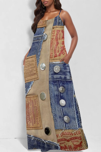 Dark Blue Faux Denim Print U Neck Backless Spaghetti Strap Floor Length Vacation Baggy Sundress Slip Maxi Dress