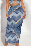 Medium Blue Casual Geometric Faux Denim Print Skinny High Waist Maxi Skirt