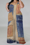 Blue Coffee Casual Boho Graphics Print V Neck Sleeveless Vacation Plus Size Wide Leg Cami Jumpsuits