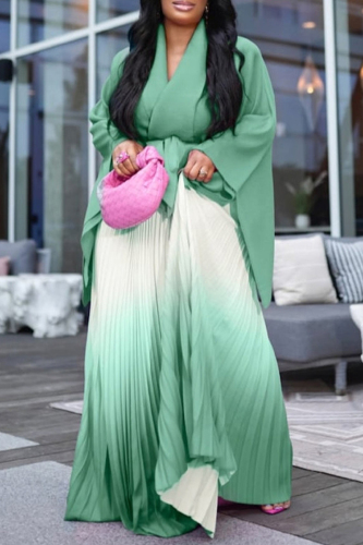 Rose Red Street Gradient Color Strap Design V Neck Flare Sleeve Irregular Blouse And Pleated Maxi Skirts Formal Party Evening Two Pieces Dress Sets