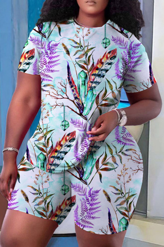 Purple Casual Geometric Flowers Print Pocket O Neck Short Sleeve Oversize T-Shirt And Shorts Two Pieces Shorts Sets