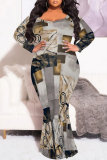 Multicolor Casual Geometric Print O Neck Long Sleeve Mermaid Hem Long Plus Size Evening Party Bodycon Maxi Dress