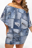 Light Blue Casual Faux Denim Print Flutter Sleeve Off Shoulder Irregular Plus Size Midi Dresses