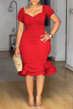 V-Neck Lantern Sleeve Ruffle Hem Dress