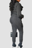 Dark Gray Street Zipper Collar Long Sleeve Pocket Strap Design Denim Cargo Jumpsuits