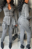 Dark Gray Street Zipper Collar Long Sleeve Pocket Strap Design Denim Cargo Jumpsuits
