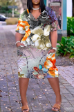 Orange Black Floral Print Casual V Neck Short Sleeve Loose Pockets Midi T-Shirt Dress