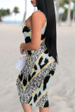 Off White Casual Leopard Gradient Print U Neck Sleeveless Vacation Bodycon Midi Tank Dress