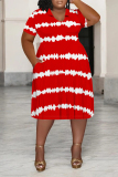 Orange Casual Striped Print Pocket V Neck Short Sleeve Loose Vacation Plus Size T-shirt Dresses