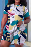 Purple Casual Geometric Flowers Print Pocket O Neck Short Sleeve Oversize T-Shirt And Shorts Two Pieces Shorts Sets