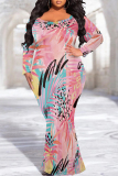 White Casual Floral Print O Neck Long Sleeve Mermaid Hem Long Plus Size Evening Party Bodycon Maxi Dress