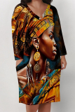 Yellow Pink Figure Print V Neck Long Sleeve Pockets Casual Straight Loose Midi T-Shirt Dress