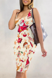 White Casual Santa Claus Santa Hats Print U Neck Sleeveless Vacation Bodycon Midi Tank Dress